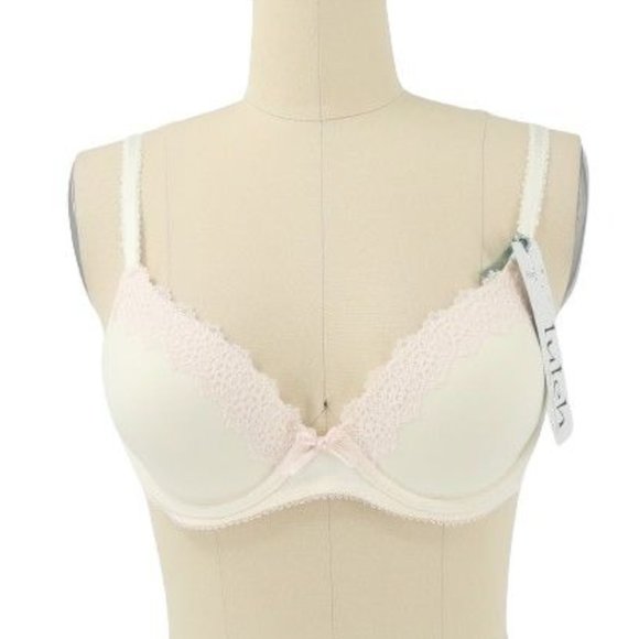 NWT Maidenform Luleh 33819 Plunge Pearl Ivory Light Pink Lace Trim Bra 34B - Picture 1 of 3